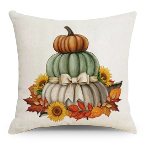 Fall throw pillow case featuring watercolor pumpkins and sunflowers on linen fabric