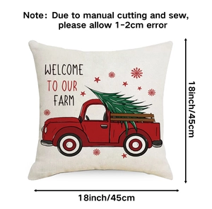 Detailed view of 18 inch square Christmas truck pillow cover with dimension markers