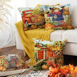 Set mit vier Herbst-Kissenbezügen aus Leinen mit Kürbis- und Sonnenblumen-Motiven