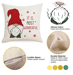 Detail of Christmas gnome pillow covers in cotton linen with invisible zipper design