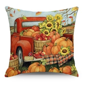 Leinen Kissenhülle Herbst mit rotem Oldtimer Truck, Kürbissen und Sonnenblumen Motiv