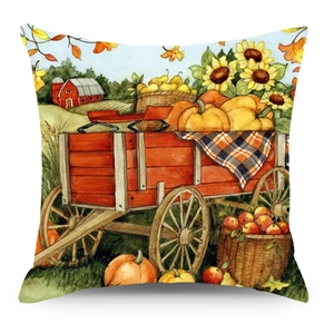 Herbstliche Kissenhülle aus Leinen mit Kürbis-Sonnenblumen-Motiv im Aquarellstil