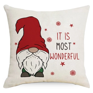 Christmas gnome cushion cover with red hat and 'Most Wonderful' quote on linen fabric