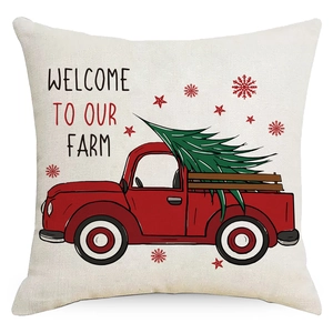 Christmas pillow cover with vintage red truck, pine tree and farm house theme