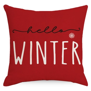 Red Christmas pillow cover with hello WINTER text and snowflake patterns on fabric