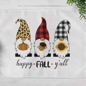 Fall themed table mat featuring three gnomes and Happy Fall y'all text on wood background
