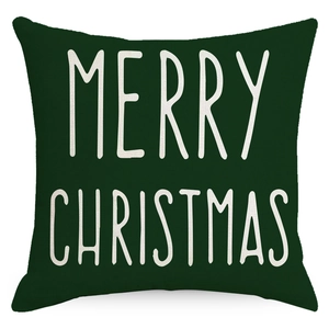 Dark green linen Christmas pillow case with white Merry Christmas lettering for sofa decor