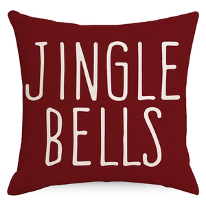 Deep red square Christmas pillow case with white Jingle Bells typography on linen fabric