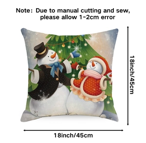 Detailed technical view of 18x18 inch Christmas snowman linen pillowcase with size markers