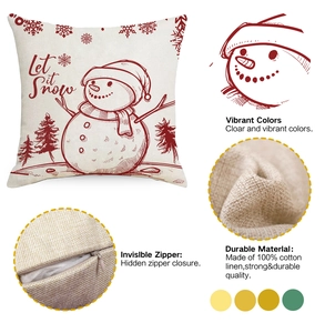 Detail of red Let it Snow snowman print and durable linen texture on Christmas pillow cover