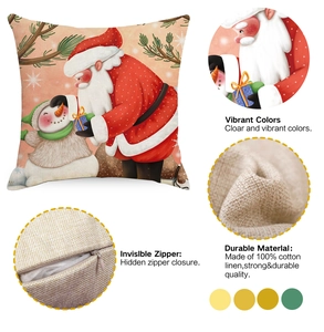 Detail of Santa Claus linen pillowcase showing invisible zipper and fabric texture