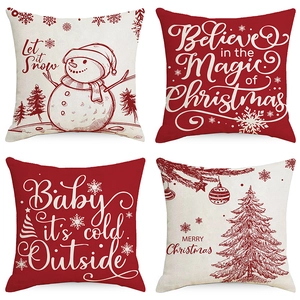 Christmas Red Linen Throw Pillow Covers Snowflake Snowman Tree Pattern Nordic Decorative Square Cushion Cases For Sofa