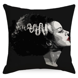Gothic Halloween throw pillow cover featuring Bride of Frankenstein vector art design