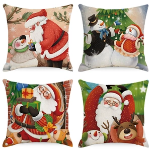 Christmas Linen Pillowcase Santa Claus Snowman Reindeer Print Square Cushion Cover For Sofa Living Room Holiday Home Decoration