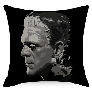 Black linen Halloween pillow case featuring Gothic Frankenstein monster pop art portrait