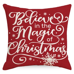 Red Christmas pillow cover with Believe in the Magic of Christmas and snowflake pattern
