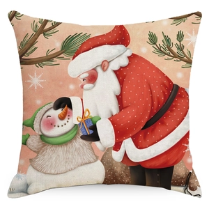Square linen Christmas pillow cover featuring Santa Claus and snowman festive illustration