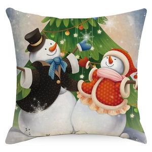 Christmas pillow cover featuring cute hand-drawn snowmen and a decorated tree design