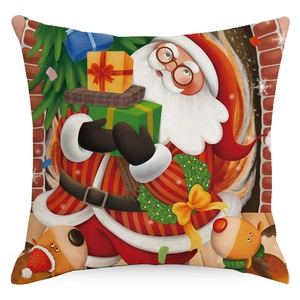 Christmas Santa Claus linen pillow cover with festive reindeer and fireplace print