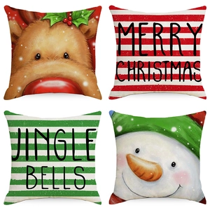 Christmas Cartoon Snowman Reindeer Printed Linen Throw Pillow Case Striped Letter Festive Cushion Cover For Home Decor