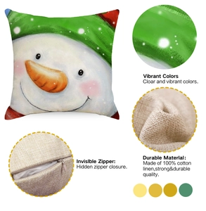 Detail of Christmas snowman pillow cover featuring cotton linen fabric and invisible zipper