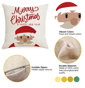 Detail view of cotton linen Christmas pillow case with invisible zipper and Santa print