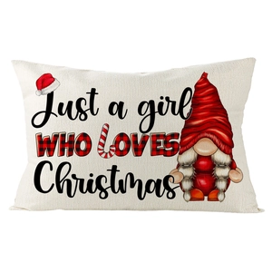 Detail of Christmas gnome lumbar pillow cover with 'Just a girl WHO LOVES Christmas' print