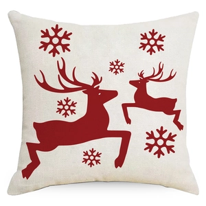 Christmas linen pillowcase with red reindeer silhouettes and snowflakes on beige fabric