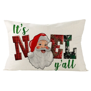 Detail of linen Christmas lumbar pillowcase with NOEL print and santa claus pattern