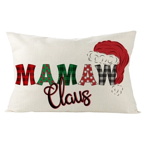 Detail of linen lumbar pillowcase featuring festive MAMAW Claus patchwork text design