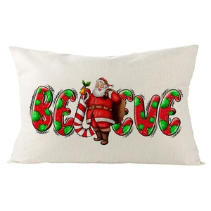 Detail of linen Christmas lumbar pillow cover featuring BELIEVE text and Santa Claus
