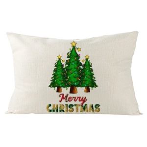 Detailed texture of linen lumbar pillowcase featuring festive Christmas tree prints