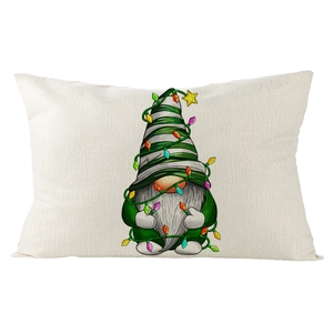 Detailed close-up of a Christmas gnome print on beige linen lumbar pillowcase fabric
