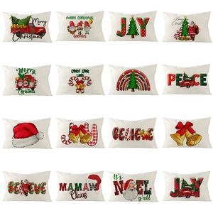 Christmas Lumbar Pillow Cover Linen Christmas Tree Santa Gnomes Red Truck Joy Believe Print Cushion Case For Sofa Home Decor