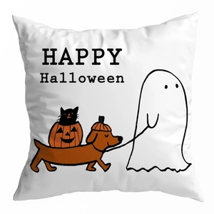 Detail of Halloween pillowcase with Happy Halloween text and black cat riding a dachshund