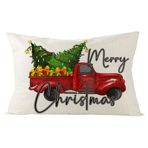 Rectangular linen Christmas pillowcase featuring a red vintage truck and Christmas tree
