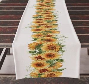 Detail of sunflower table runner with watercolor floral print on rustic wooden table