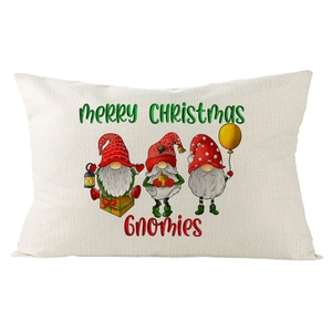 Christmas tree linen lumbar pillow cover featuring festive gnomes and Merry Christmas text