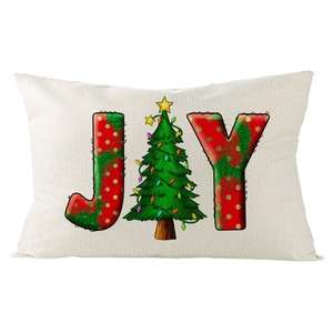 Christmas lumbar pillowcase with linen texture and festive JOY Christmas tree print