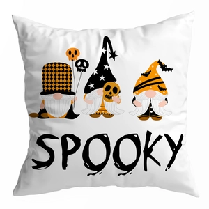 Detail of Halloween pillowcase with gnome prints and Spooky text on white fabric