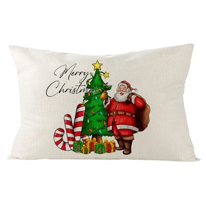 Linen lumbar pillow cover with Santa and Christmas tree print on white background