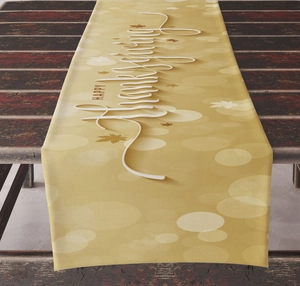 Detail of Happy Thanksgiving table runner with maple leaves on rustic wooden background
