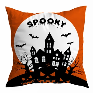 Detail of Halloween pillowcase with spooky haunted castle, bats, and pumpkin print