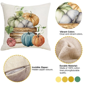Detail view of cotton linen pillowcase with watercolor pumpkin print and hidden zipper