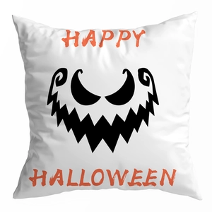 Halloween square pillowcase with orange Happy Halloween lettering and black spooky face