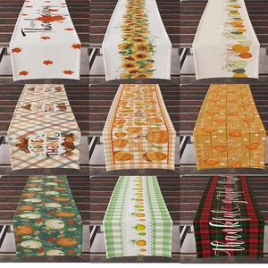 Thanksgiving Linen Table Runner Autumn Fall Harvest Pumpkin Maple Leaf Printed Plaid Dining Table Cloth Home Party Decor