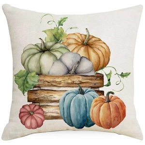 Thanksgiving linen pillowcase with watercolor pumpkin crate print for autumn home decor