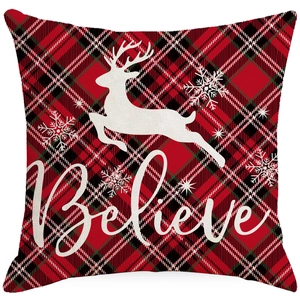 Christmas red black buffalo plaid pillowcase featuring reindeer silhouette and Believe text