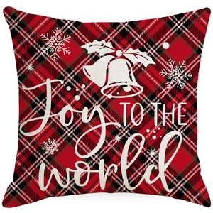 Christmas pillow cover with red and green plaid patterns and Joy to the world print