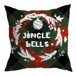 Fodera per cuscino natalizio a quadri con scritte Jingle Bells e motivi festivi
